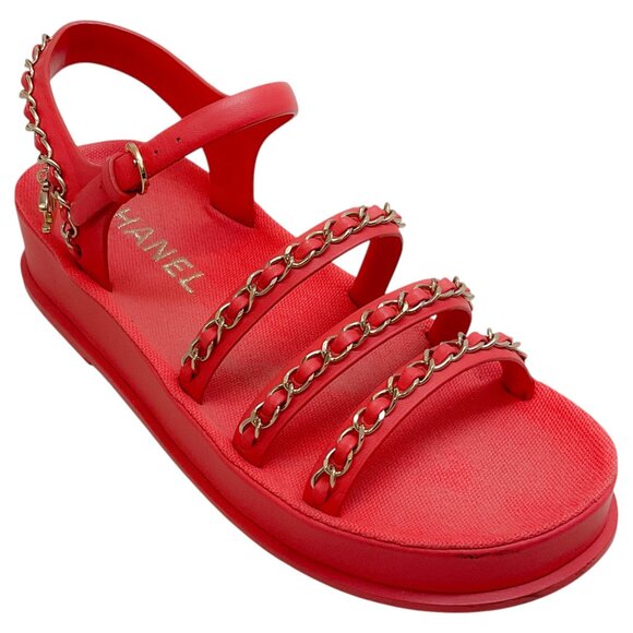 Chanel Coral Leather Sandals with Gold Chain Detail - Picture 1 of 6